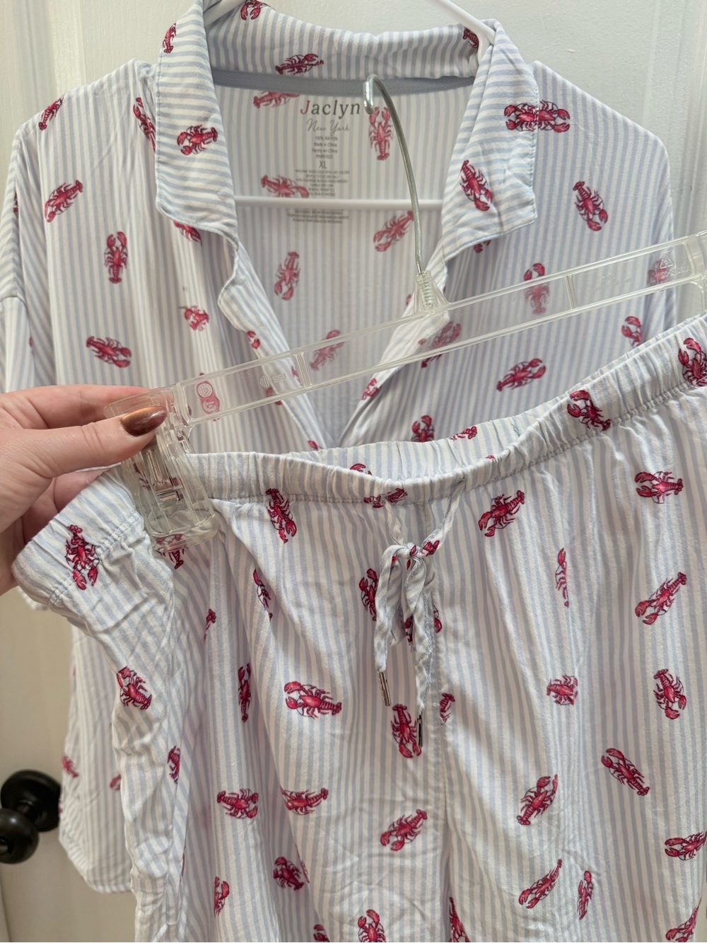 2 for $15 Two-Piece Stripe Pajama Set with Red Lobster Print